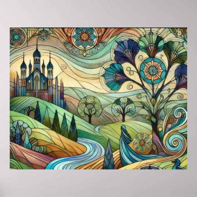 Fantasy Castle mit farbenfrohen Hügeln und Fluss Poster (Vorne)
