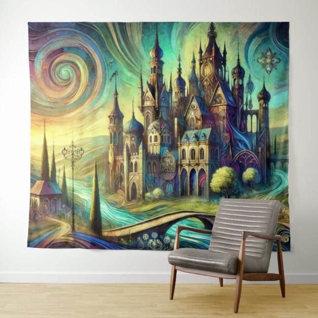 Fantasy Castle mit Swirling Sky und Flows River Wandteppich (Beispiel (Horizontal))