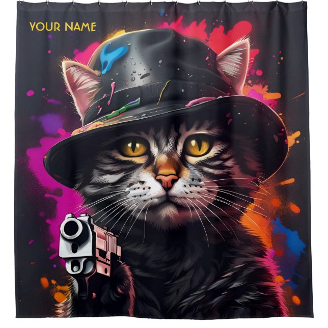 Fantasy Cat Gangster Gun Duschvorhang (Vorderseite)