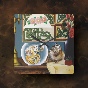 Fantasy Cat Sea Horse Quadratische Wanduhr