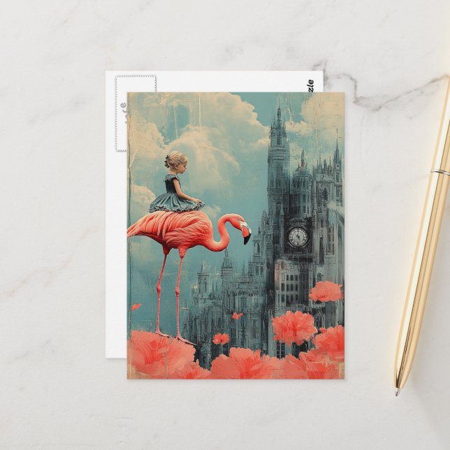 Fantasy Child Rides auf einem rosa Flamingo Postkarte (Vorderseite/Rückseite Beispiel)