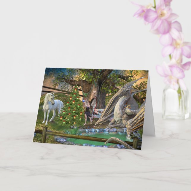 Fantasy Christmas Fairy Unicorn Dragon Karte (Orchidee)