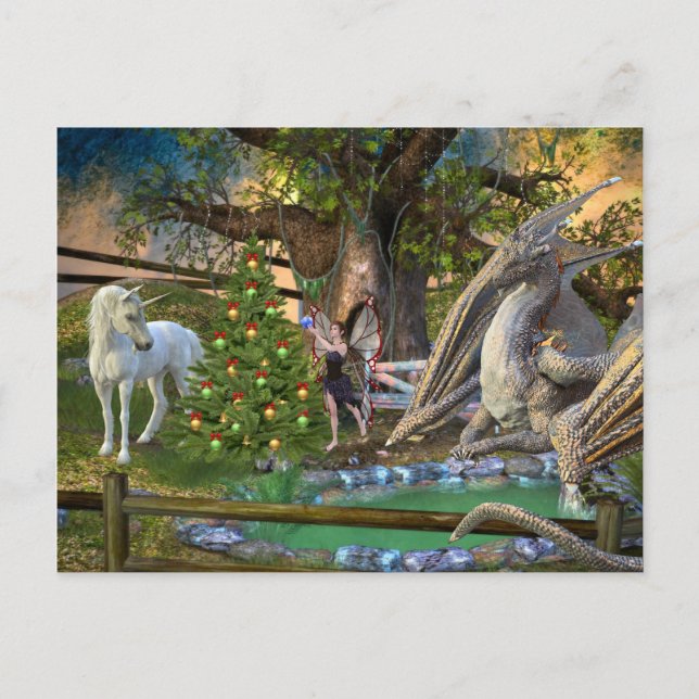 Fantasy Christmas Fairy Unicorn Dragon Postkarte (Vorderseite)