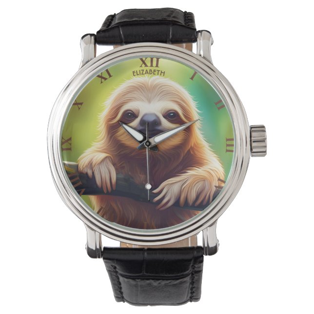 Fantasy Colorful Sloth Art Deco Armbanduhr (Vorderseite)