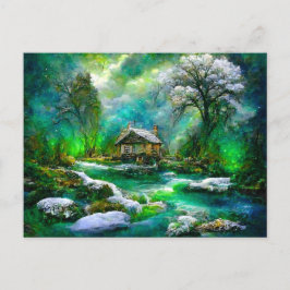 Fantasy Cottage im Frühjahr. Schneeschmelze Postkarte