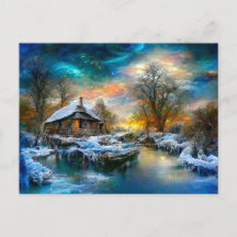 Fantasy Cottage im Winter. Nordlichter im Fluss