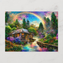Fantasy Cottage mit Regenbogen und Blumen Postkarte