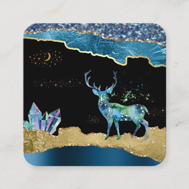 *~* Fantasy Crystal Deer Celestial Gold Glitzer Quadratische Visitenkarte (Vorderseite)