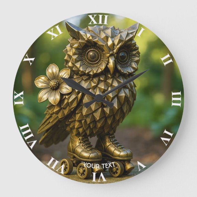 Fantasy Cute Brass Owl Skates Große Wanduhr (Vorderseite)