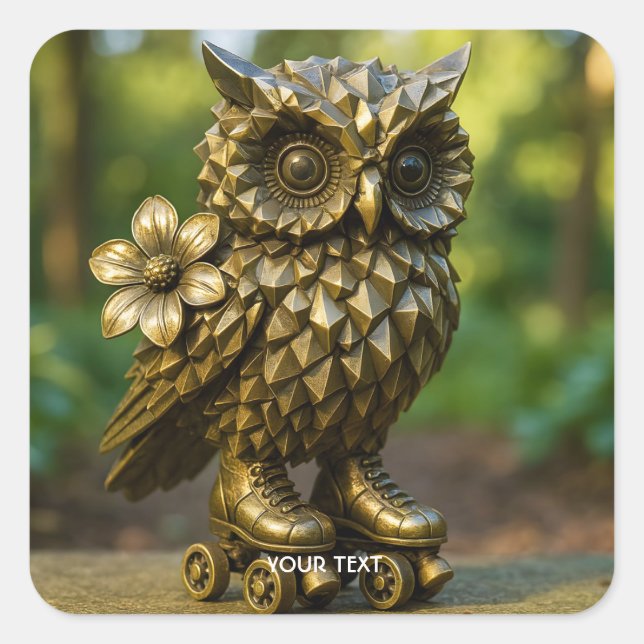 Fantasy Cute Brass Owl Skates Quadratischer Aufkleber (Vorderseite)