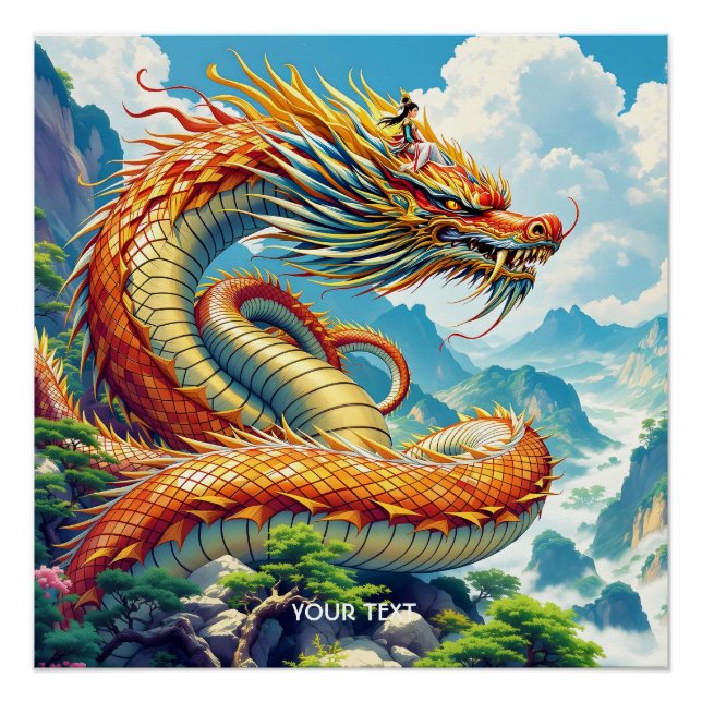 Fantasy Cute Orange Dragon Mountains Poster (Vorderseite)