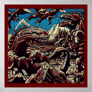 Fantasy Dinosaur Roboter Anime - Holzschnitt 2 Poster