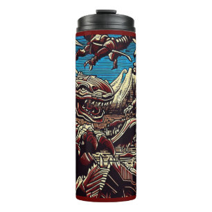 Fantasy Dinosaur Roboter Anime - Holzschnitt 2 Thermosbecher