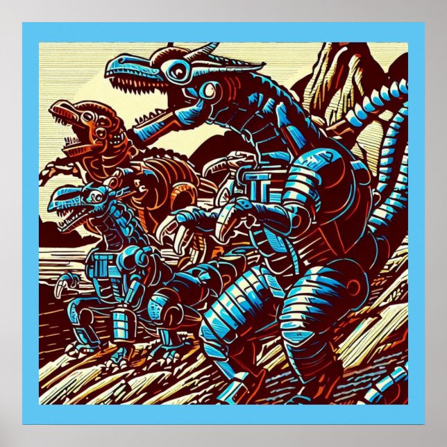 Fantasy Dinosaur Roboter Anime - Holzschnitt 3 Poster (Vorne)