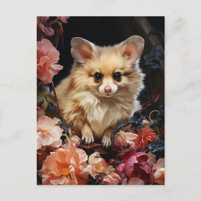 Fantasy Dog Mouse in den Blume Postkarte (Vorderseite)