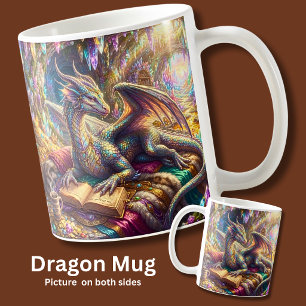 Fantasy-Drache mit Buch und Kaffee in ihrem Verste Kaffeetasse