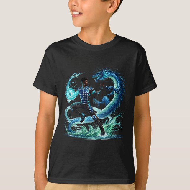 Fantasy Dragon African American Black Man Superhel T-Shirt (Vorderseite)