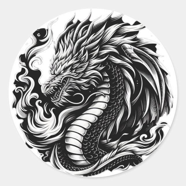 Fantasy Dragon Black/White Runder Aufkleber (Vorderseite)