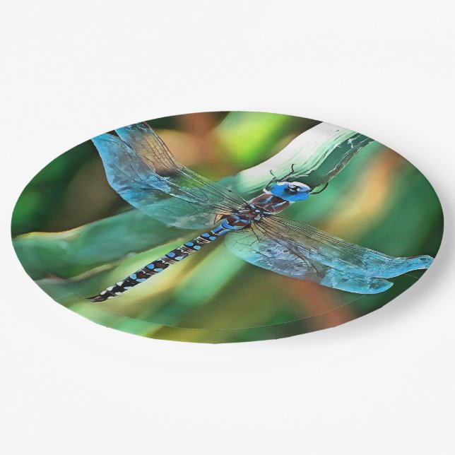 Fantasy Dragonfly in Türkis und Schwarz Pappteller (Schrägansicht)