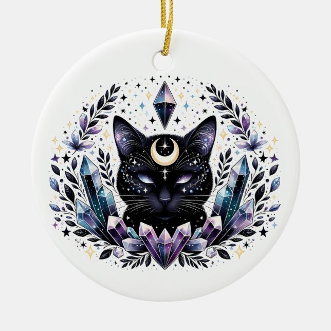 Fantasy Esoteric Crystal Black Cat Keramik Ornament (Vorne)