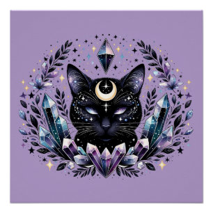 Fantasy Esoterischer Kristall Schwarze Katze Poster