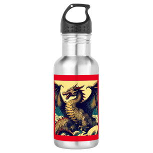 Fantasy European Dragon - Holzschnitt 1 Edelstahlflasche