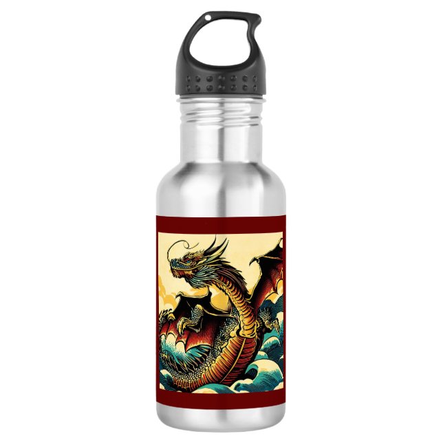 Fantasy European Dragon - Holzschnitt 2 Edelstahlflasche (Vorderseite)