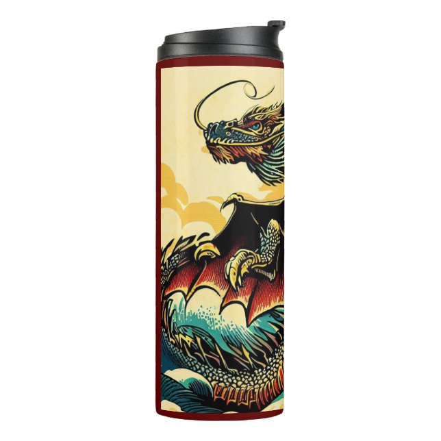 Fantasy European Dragon - Holzschnitt 2 Thermosbecher (Nach links gedreht)