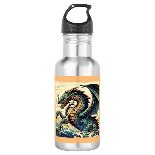 Fantasy European Dragon - Holzschnitt 4 Edelstahlflasche (Vorderseite)