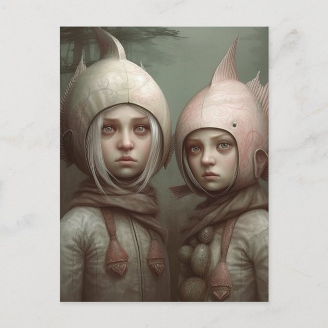 Fantasy Faible Tale Kinder mit Fish Hats Postkarte (Vorderseite)