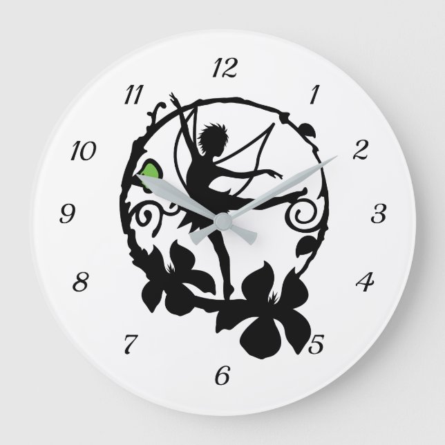 Fantasy Fairy Dancing Black White Silhouette Große Wanduhr (Vorderseite)