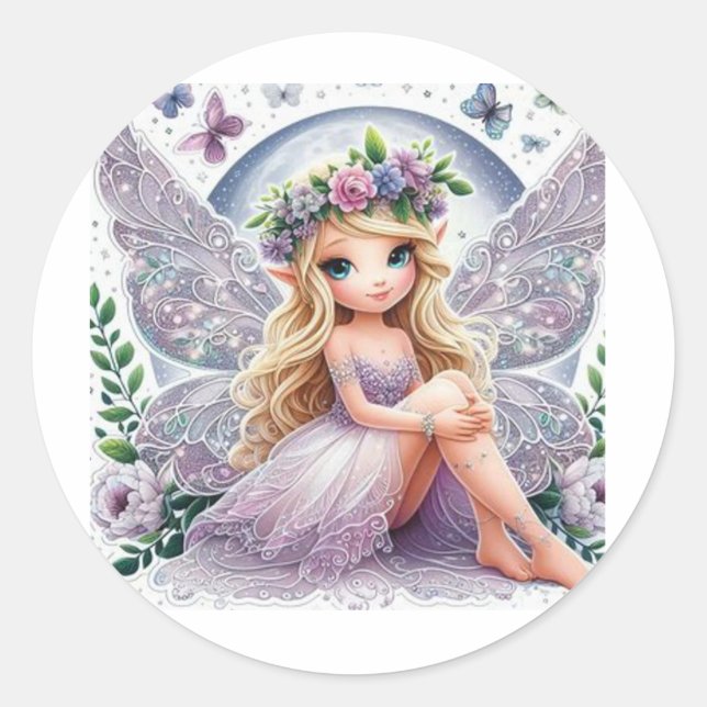 Fantasy Fairy: Eine zarte Fee mit glitzerndem Wi Runder Aufkleber (Vorderseite)