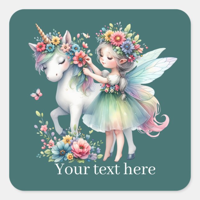 Fantasy Fairy Einhorn fügen Text hinzu Quadratischer Aufkleber (Vorderseite)