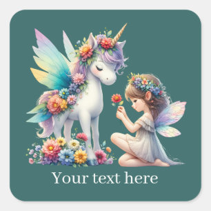 Fantasy Fairy Einhorn fügen Text hinzu Quadratischer Aufkleber