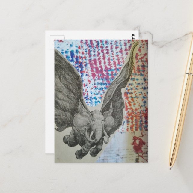 Fantasy-Fliegender-Elefant-Collage Postkarte (Vorderseite/Rückseite Beispiel)