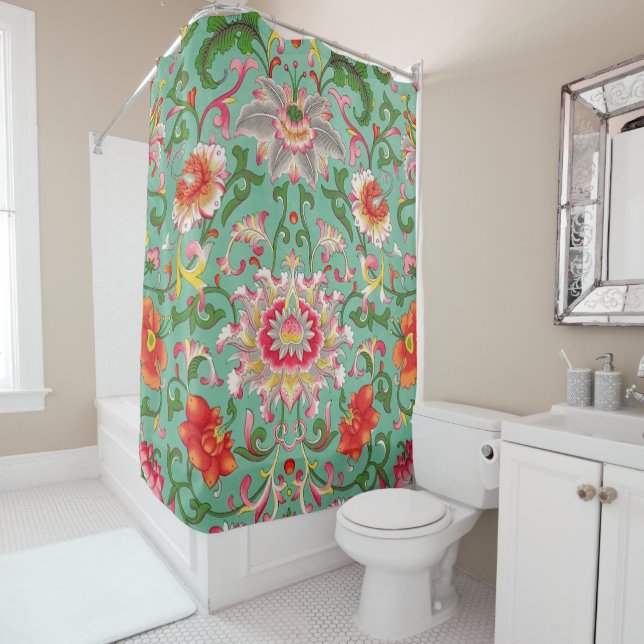 Fantasy Floral Oriental Chinoiserie auf Grün Duschvorhang (Beispiel)