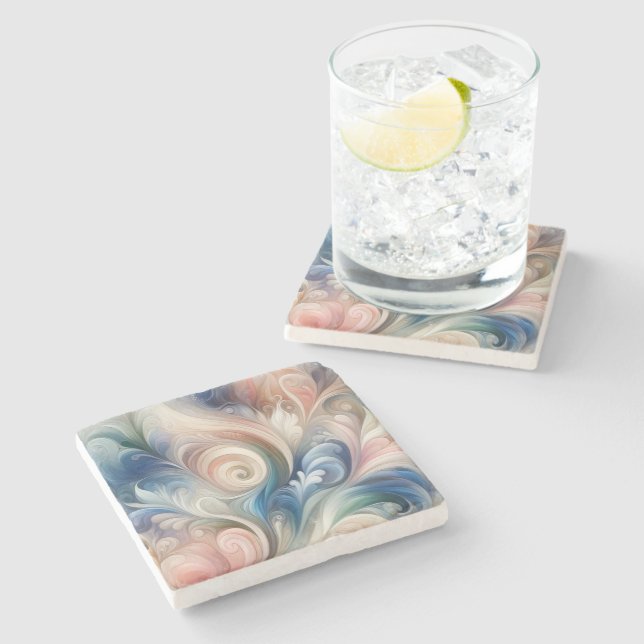 Fantasy Floral Pastel Blau & Creme Steinuntersetzer (Seitenansicht)