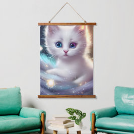 Fantasy Fluffy White Cat Wandteppich Mit Holzrahmen