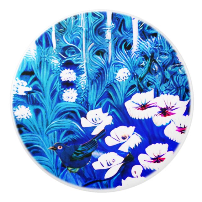 Fantasy Forest mit Blume und Vögeln Keramikknauf (Vorderseite)