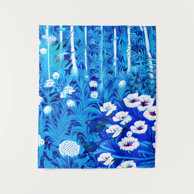 Fantasy Forest mit Blume und Vögeln Wandteppich (Vorderseite)
