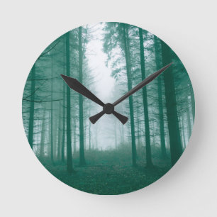 Fantasy forest with fog in Green Runde Wanduhr