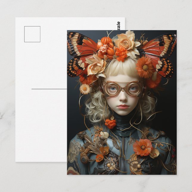 Fantasy-Frau mit Orange Butterfliegen Postkarte (Vorne/Hinten)