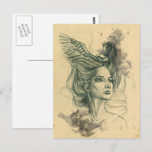 Fantasy Frauenportrait Vogelschädel Wings Surreal Postkarte