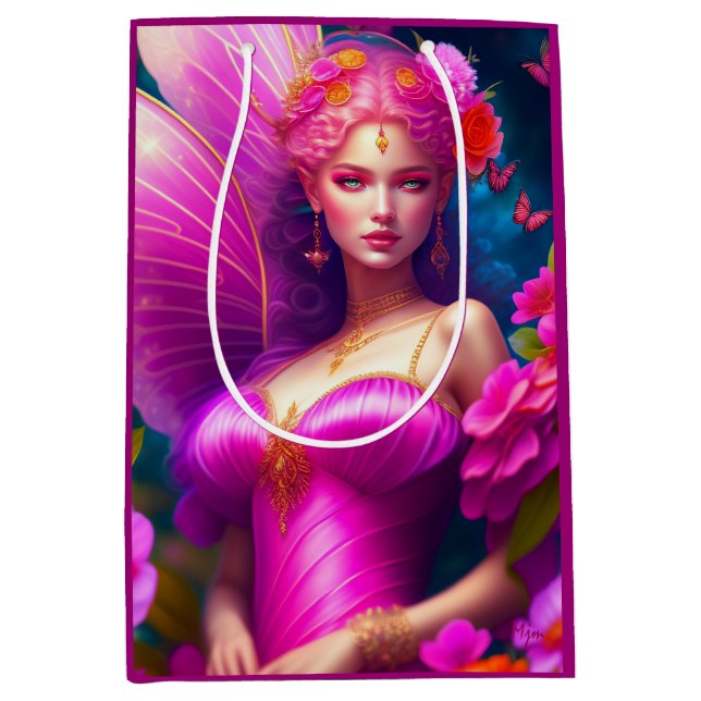 Fantasy Fuchsia Fairy Blume Schmetterlinge Mittlere Geschenktüte (Vorderseite)