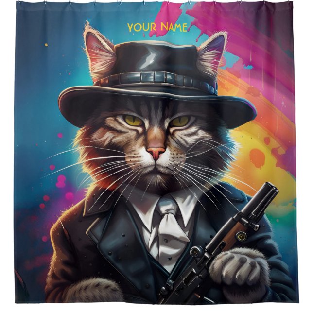 Fantasy Gangster Cat Gun Duschvorhang (Vorderseite)