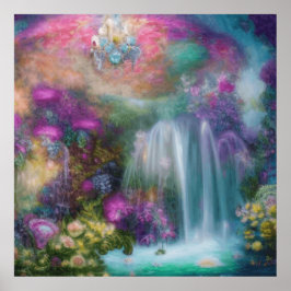 Fantasy Garden mit Blume und ruhigen Wasserfällen Poster
