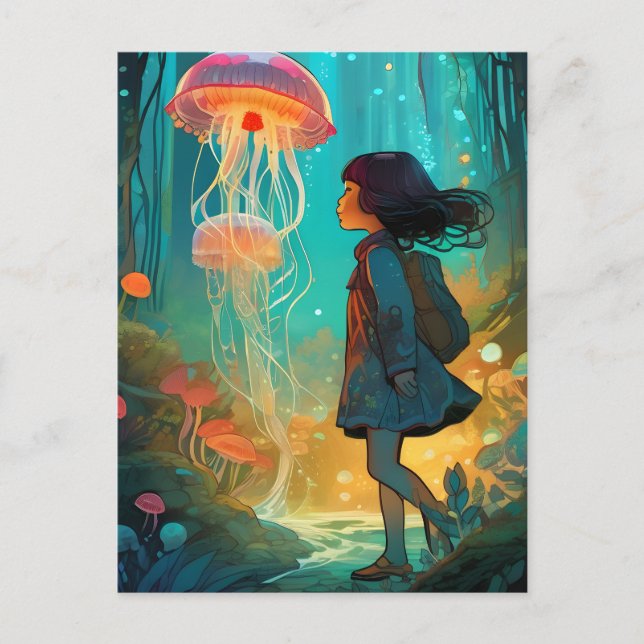 Fantasy Girl im Quallenwald Postkarte (Vorderseite)