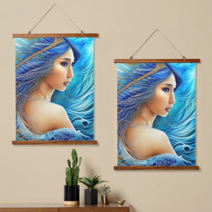 Fantasy Goddess Radiant Blue Tiefen Abstrakte Kuns Wandteppich Mit Holzrahmen