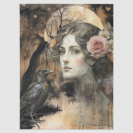 Fantasy Gothic Raven & Girl Kunst-Collage Seidenpapier