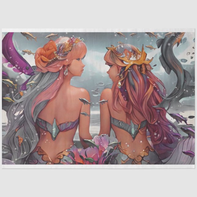 Fantasy Grau und Rosa Wasserfarbe Meerjungfrau Seidenpapier (Vorderseite)